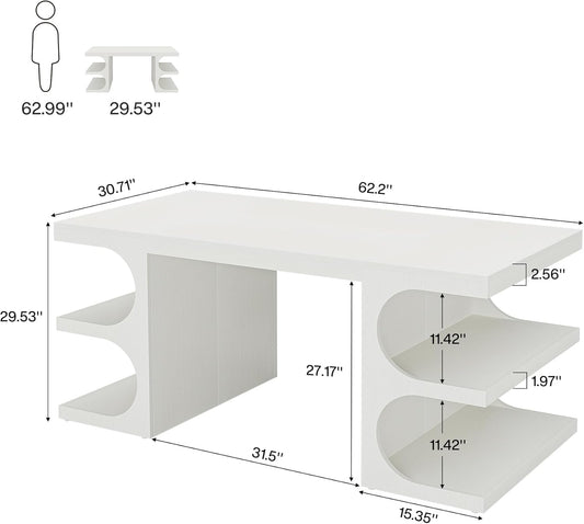 White Executive Office Desk, 63" Computer Desk with Storage Shelves, Modern Wood Study Writing Table, Large Workstation Business Furniture for Home Office (Table Only)
