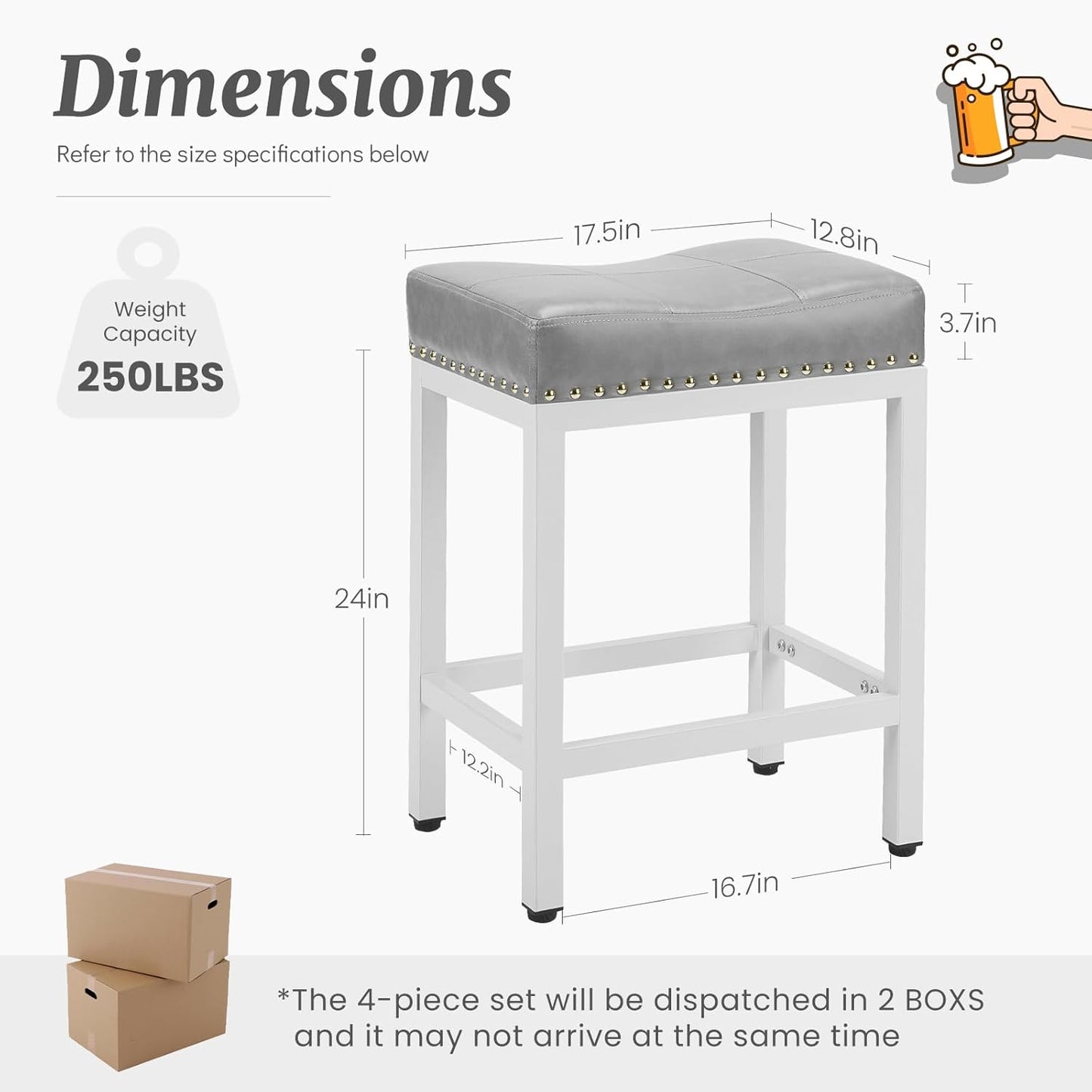 Saddle Bar Stools Set of 2, 24 Inch Counter Height Stools with Curved PU Leather Surface, 3.7" Thick Upholstery Bar Height Stools with Footrest for Kitchen Island, Dining, Cafe, Gray