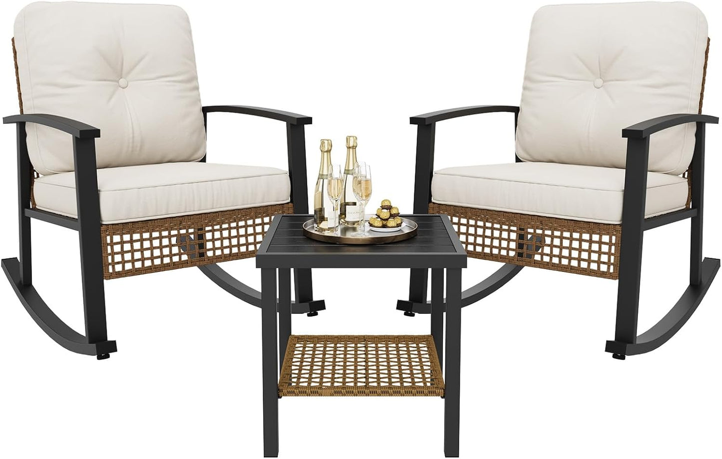 Beige three piece outdoor rocking bistro set with coffee table, view 9