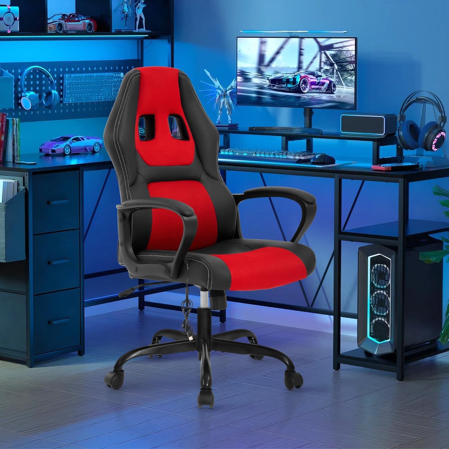 Video Game Chair, Gaming Chair Adjustable Swivel Office Chairs, Ergonomic Pu Leather PC Computer Chairs with Massage Lumbar Support 300Lbs Weight Capacity(Red)