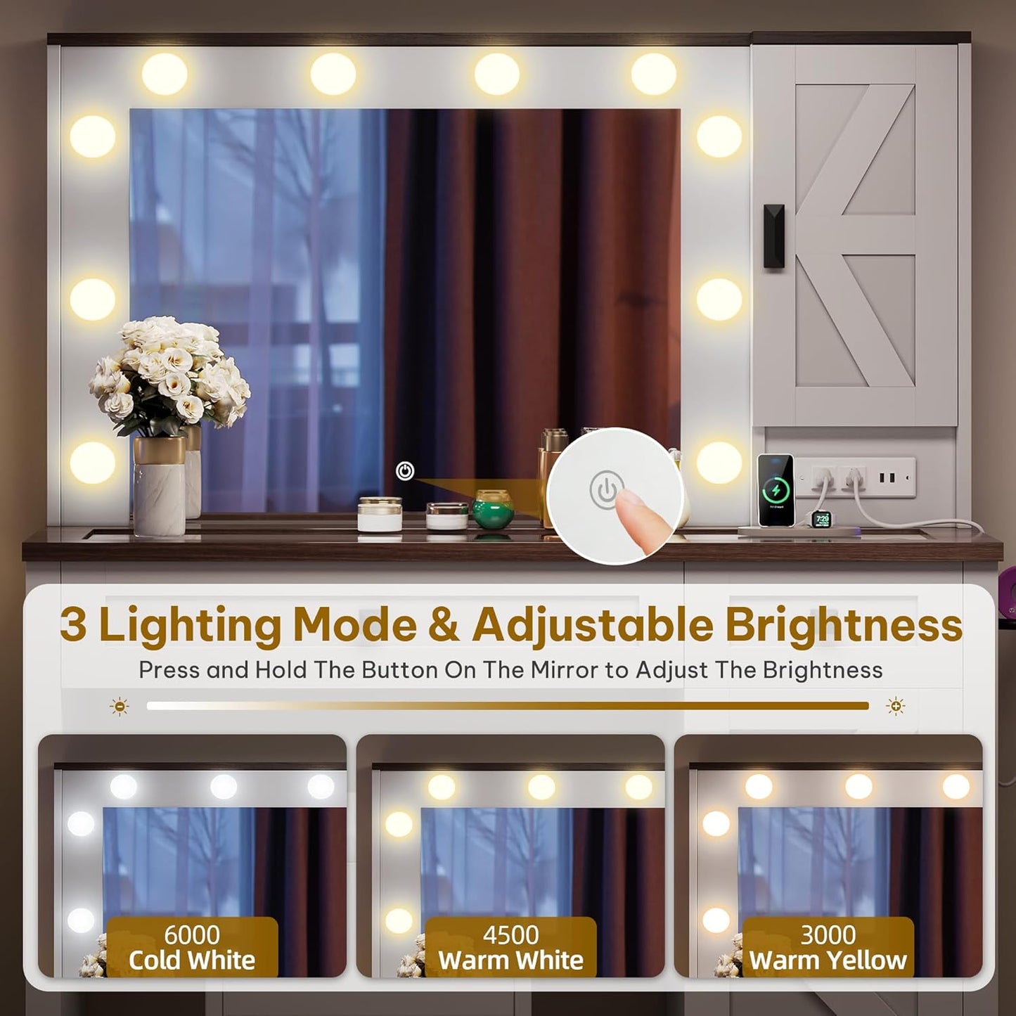 Farmhouse Makeup Vanity Desk with Mirror and Lights, Retro Big Vanity Table Set with Charging Station, Makeup Desk with 2 Drawers & 2 Cabinets, 10 Dimmable Light Bulbs, for Bedroom, White