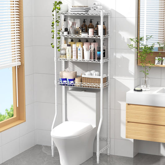 4 Tier over the Toilet Storage Rack, Bathroom Organizers and Storage over Toilet with Adjustable Shelf and Basket, above Toilet Storage Bathroom Cabinet for Small Space (White)