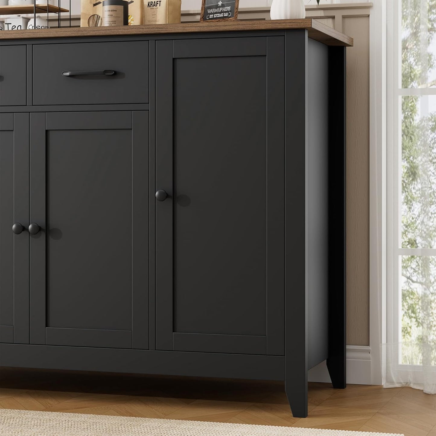 55" Buffet Cabinet with Storage, Kitchen Buffet Sideboard with Drawers, Large Storage Cabinet with Doors and Shelves, Modern Farmhouse Coffee Bar for Kitchen, Dining Room, Living Room, Black