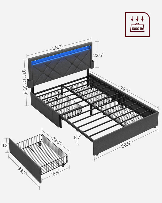 LED Bed Frame Full Size, Full Bed with Headboard and 4 Drawers, 1 USB Port and 1 Type C Port, Adjustable Upholstered Headboard 37.1/39.6 Inches, No Box Spring Needed, Dark Gray URMB822G71