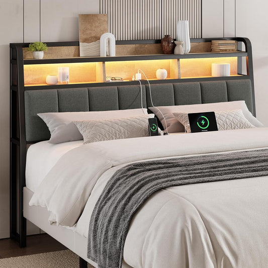 Ergonomic Headboard for Queen Size Bed with 2-Tier Storage, Upholstered Headboard with Outlets, USB Ports, LED Light, Queen Head Board Only, Height Adjustable, Sturdy and Stable, Black & Brown