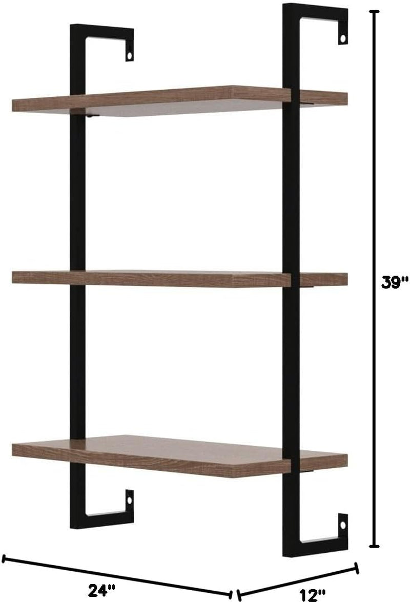 Theo 3-Shelf Small Bookcase, Floating Wall Mount Bookshelf with Wood and Industrial Pipe/Metal Frame, Rustic Oak/Matte Black