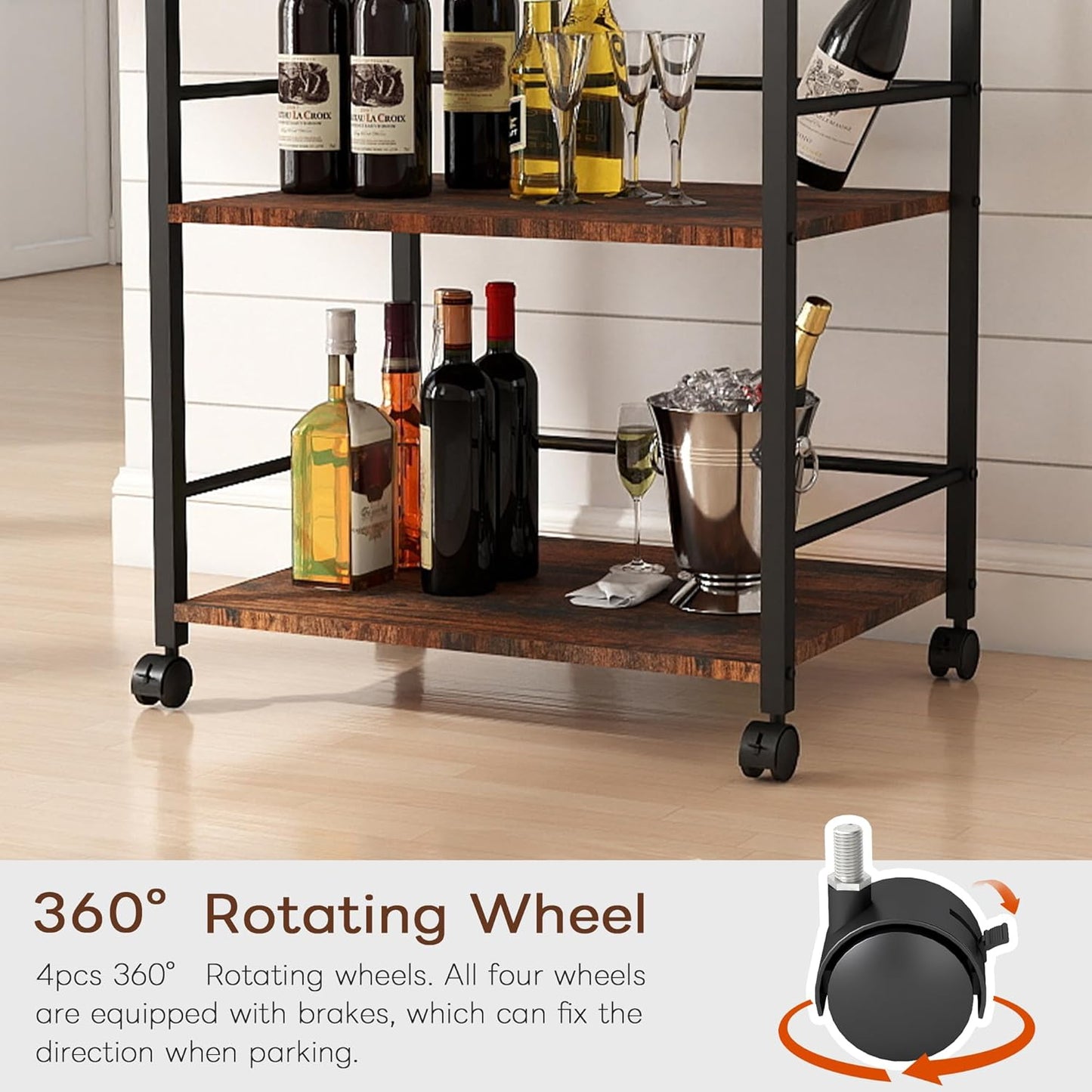 Kitchen Serving Cart with Wheels, Rolling Bar Cart for Home, Large 3 Tier with Detachable Server for Coffee, Tea, or Beverage Service, Rustic Farmhouse Design, Rustic Brown and Black