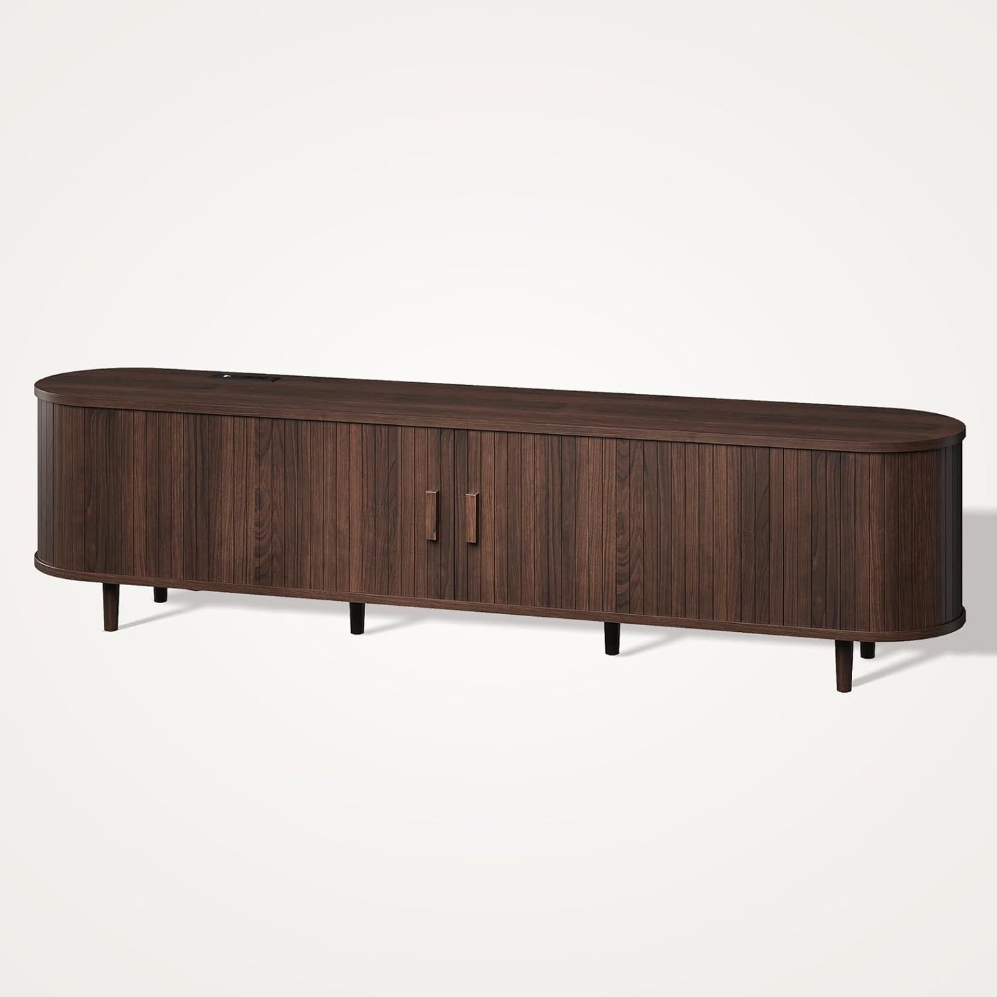 70" Mid Century Modern TV Stand, Wood TV Consoles with Sliding Doors and Power Outlet, Entertainment Center with Adjustable Shelves, Fluted TV Stands for Living Room, Walnut