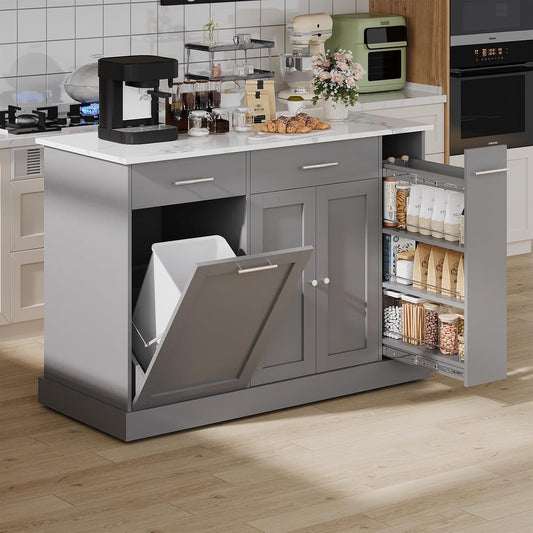 Kitchen Island on Wheels with Trash Can Storage, Rolling Kitchen Island Cart with Marble Countertop, Portable Island Table for Kitchen, Gray