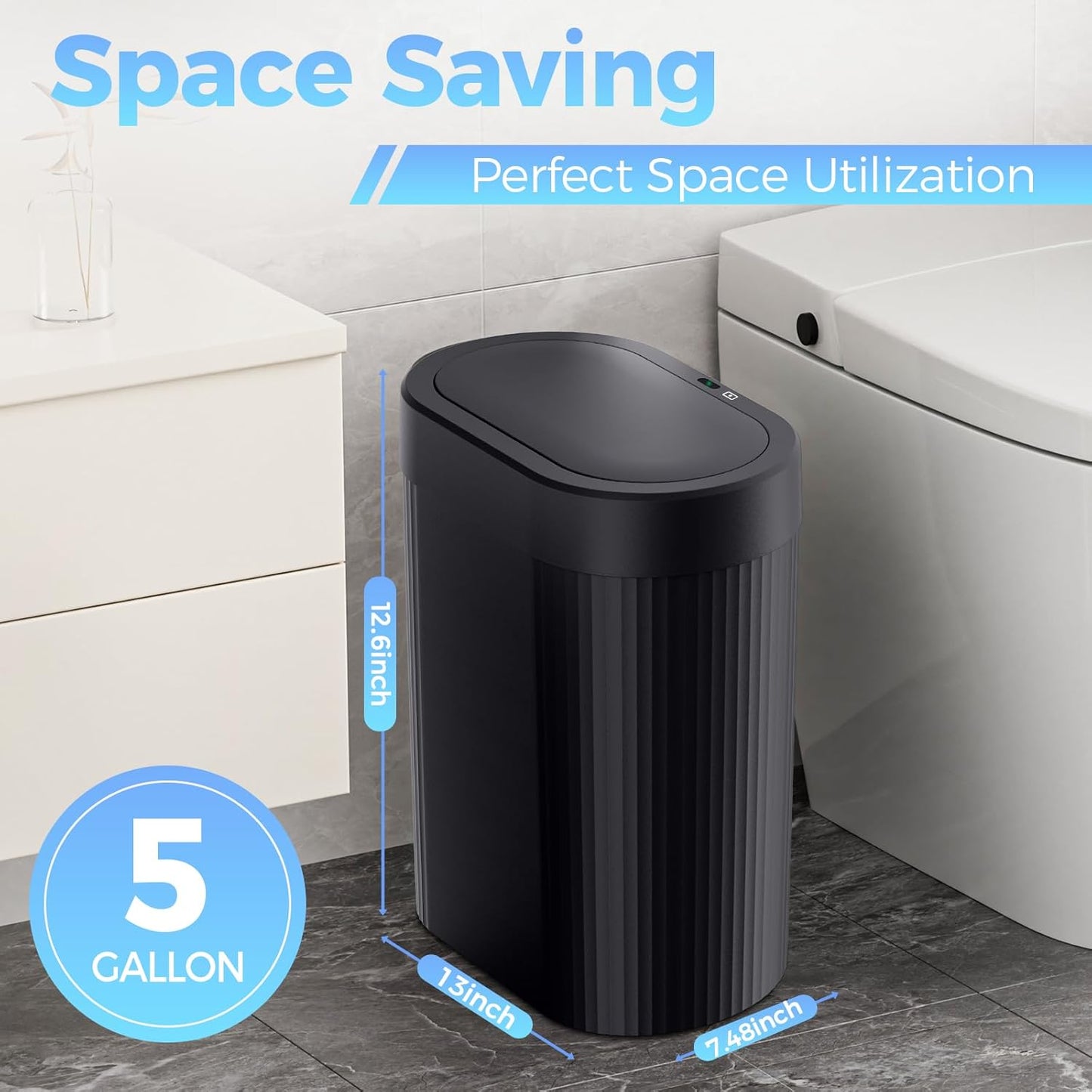 5 Gallon Bathroom Trash Can with Lid, Automatic Motion Sensor Black Trash Can, Touchless Slim Waterproof Garbage Bin for Kitchen, Bedroom, Office, and Bathroom