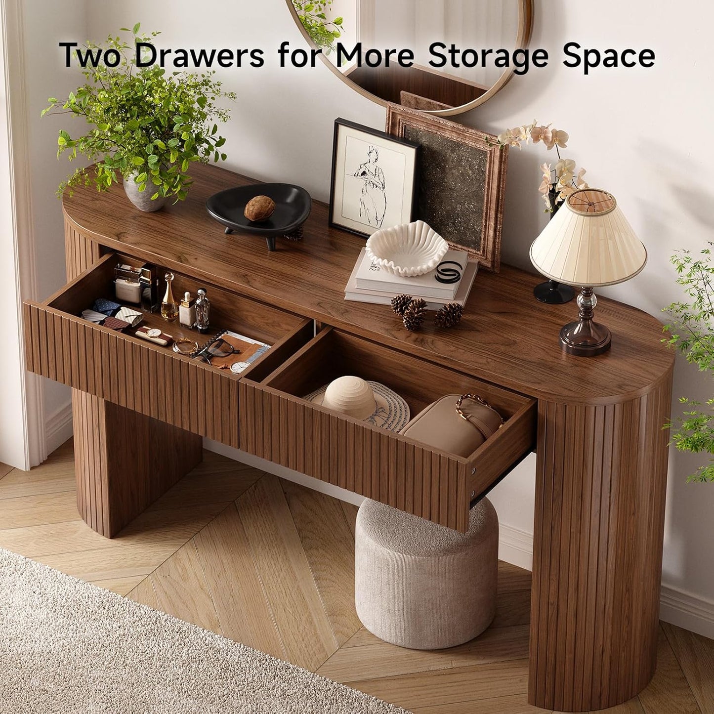 55 Inch Console Table with 2 Drawers, Fluted Entryway Tables with Storage, Sofa Table behind the Couch, Hallway Tables, Mid-Century Modern Foyer Table for Entryway, Hallway, Living Room, Black