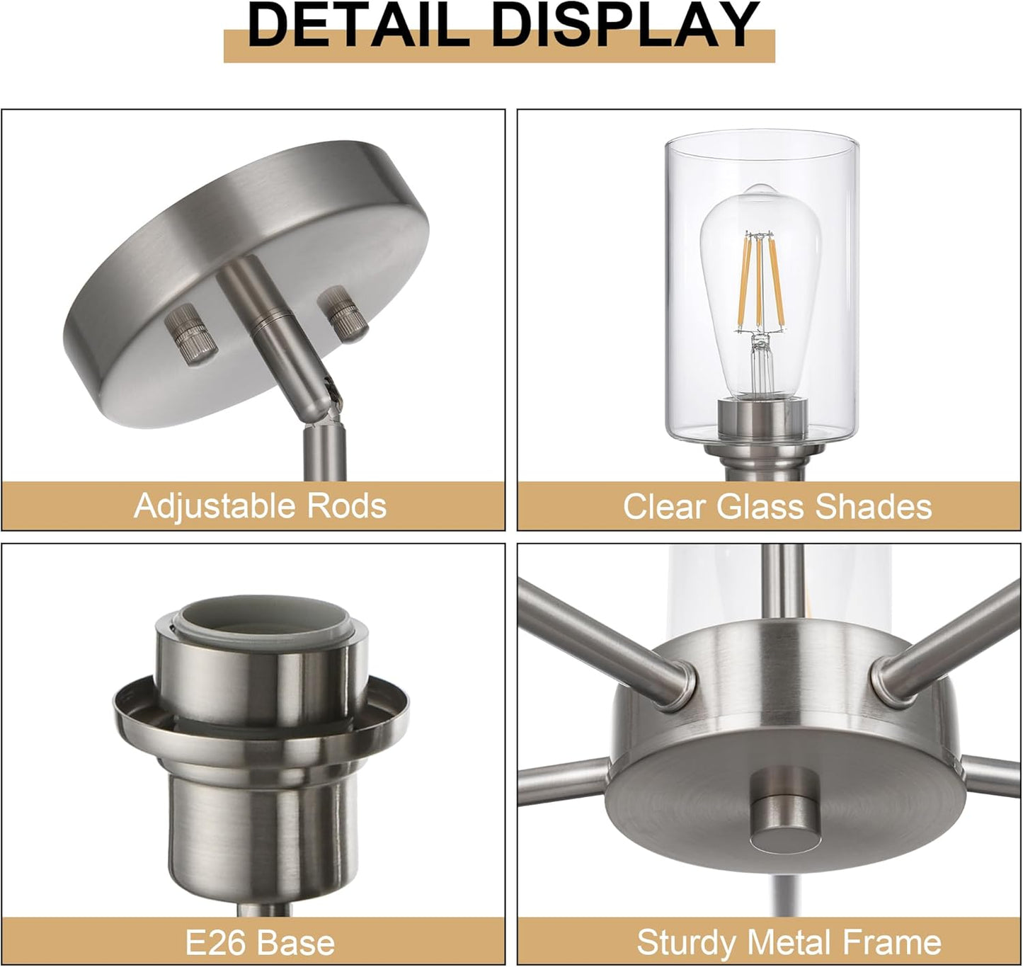 5-Light Brushed Nickel Chandelier with Clear Glass Shades, E26 Base Modern Pendant Light Fixture, Adjustable Swivel Heads Ceiling Lighting, Farmhouse Chandelier for Dining Room Kitchen Hallway