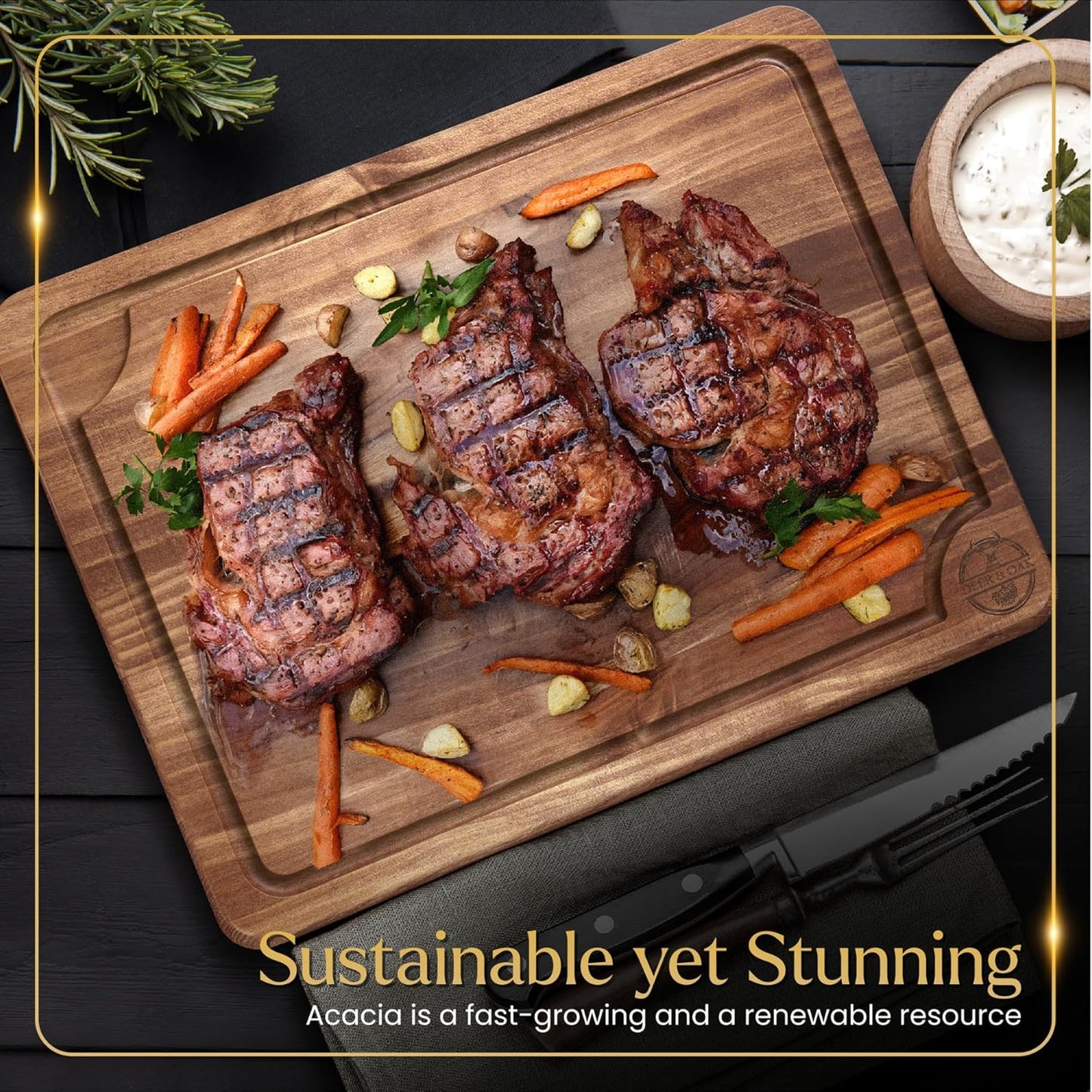 Pre-Oiled, Non Toxic 3-Piece Acacia Cutting Board Set with Stand, FSC Certified Wooden Chopping Boards with Juice Grooves for Meat. 3 Size Wood Carving Boards for Home & BBQ Kitchens by