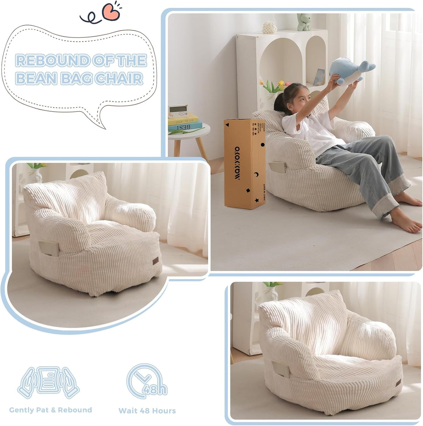 Kids Bean Bag Chair, Stuffed Toddler Bean Bag Sofa with Filler Bean Bag Chair for Boys and Girls, Lazy Sofa with Pocket Floor Chair for Gaming, Reading, Beige