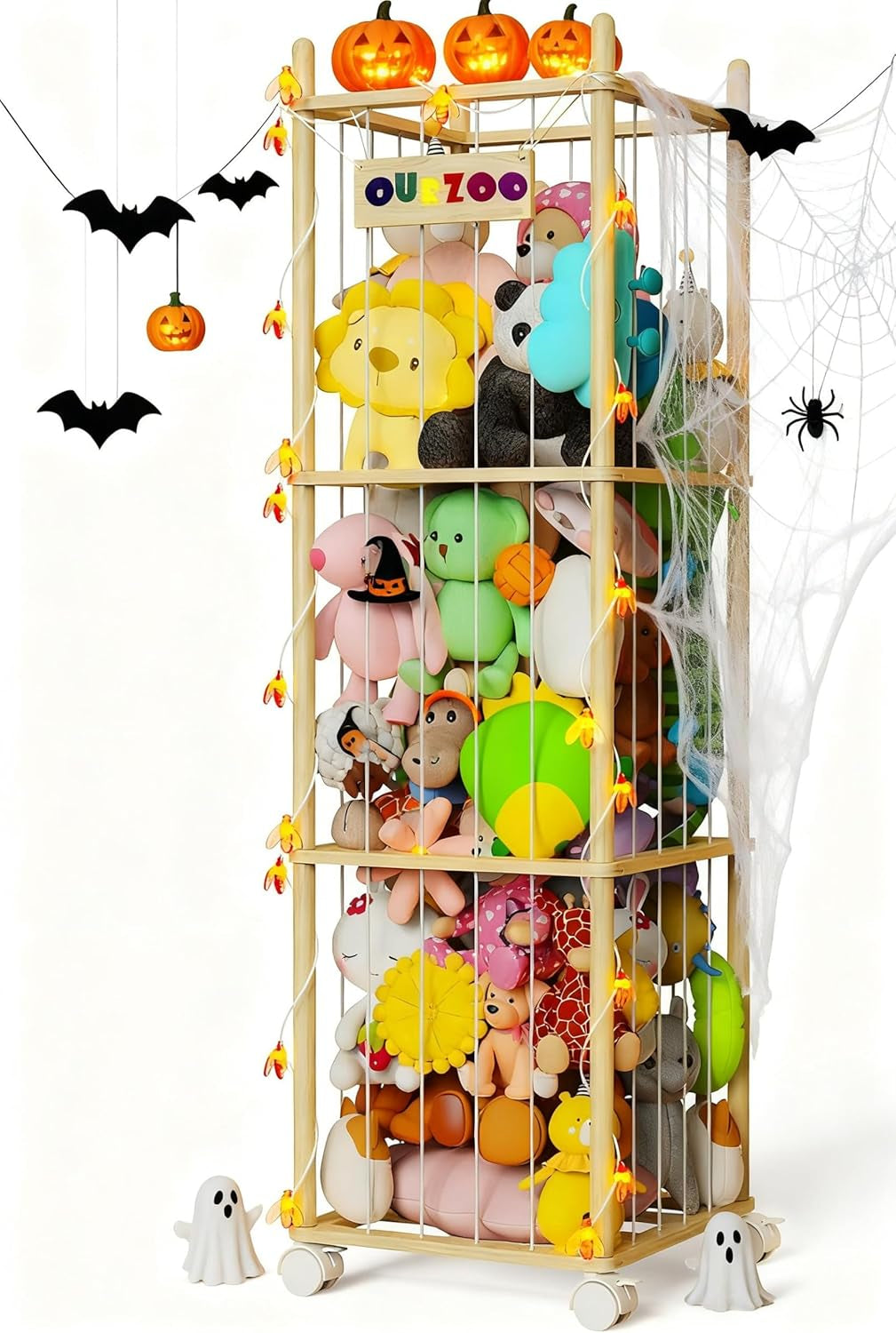 Stuffed Animal Storage Zoo with Wheels and Twinkling Bee String Lights, 55.12Inch Large Wooden Stuffed Animal Storage & Organizer with Elastic Cord Kids Plush Toy Storage for Nursery Playroom