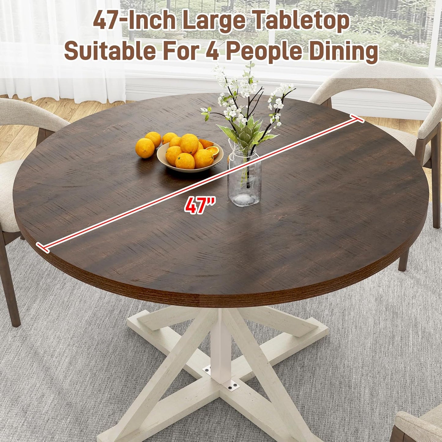 Round Wood Dining Table for Kitchen,Dining Room,Living Room,Farmhouse Dinner Tables W/Thickened Brown Waterproof Tabletop for 4 People,47 Inch Rustic Kitchen Table W/Metal Support