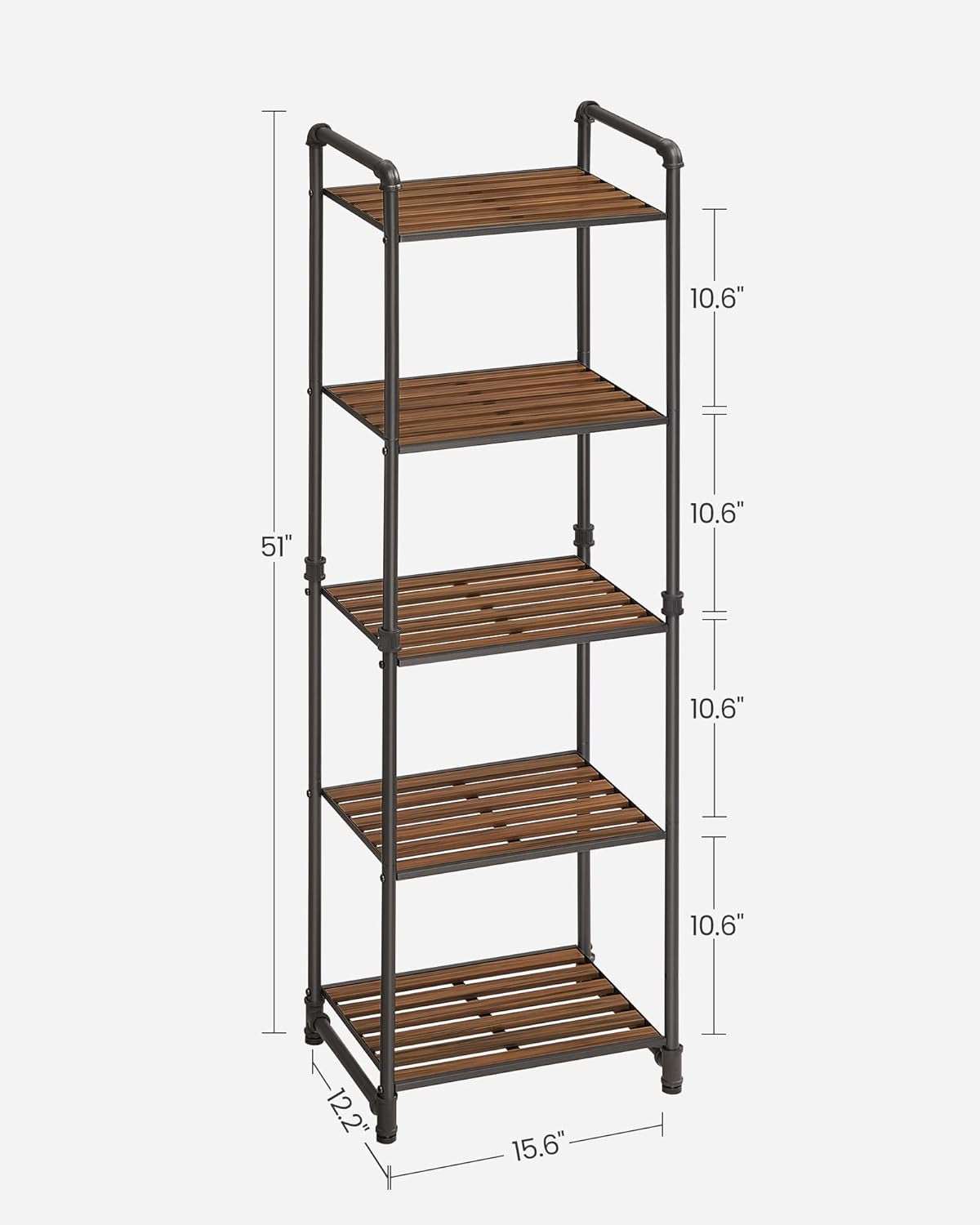 Bathroom Shelves, 5-Tier Storage Rack, Plant Flower Stand, 15.6 X 12.2 X 51 Inches, for Living Room, Balcony, Kitchen, Rustic Brown and Black UBSC25BXV2