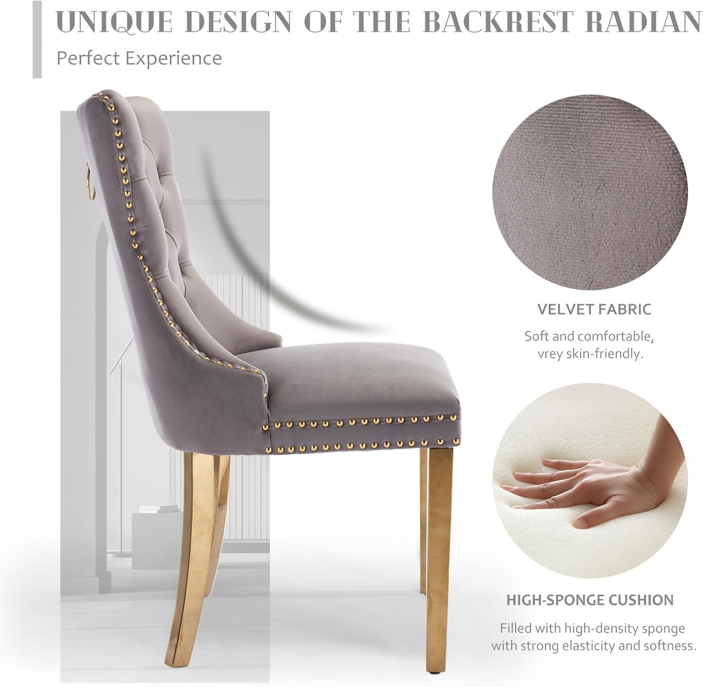 Velvet Dining Chair Set of 4, Upholstered Tufted Dining Room Chair with Nailhead Trim and Solid Gold Plated Leg for Kitchen (Grey)