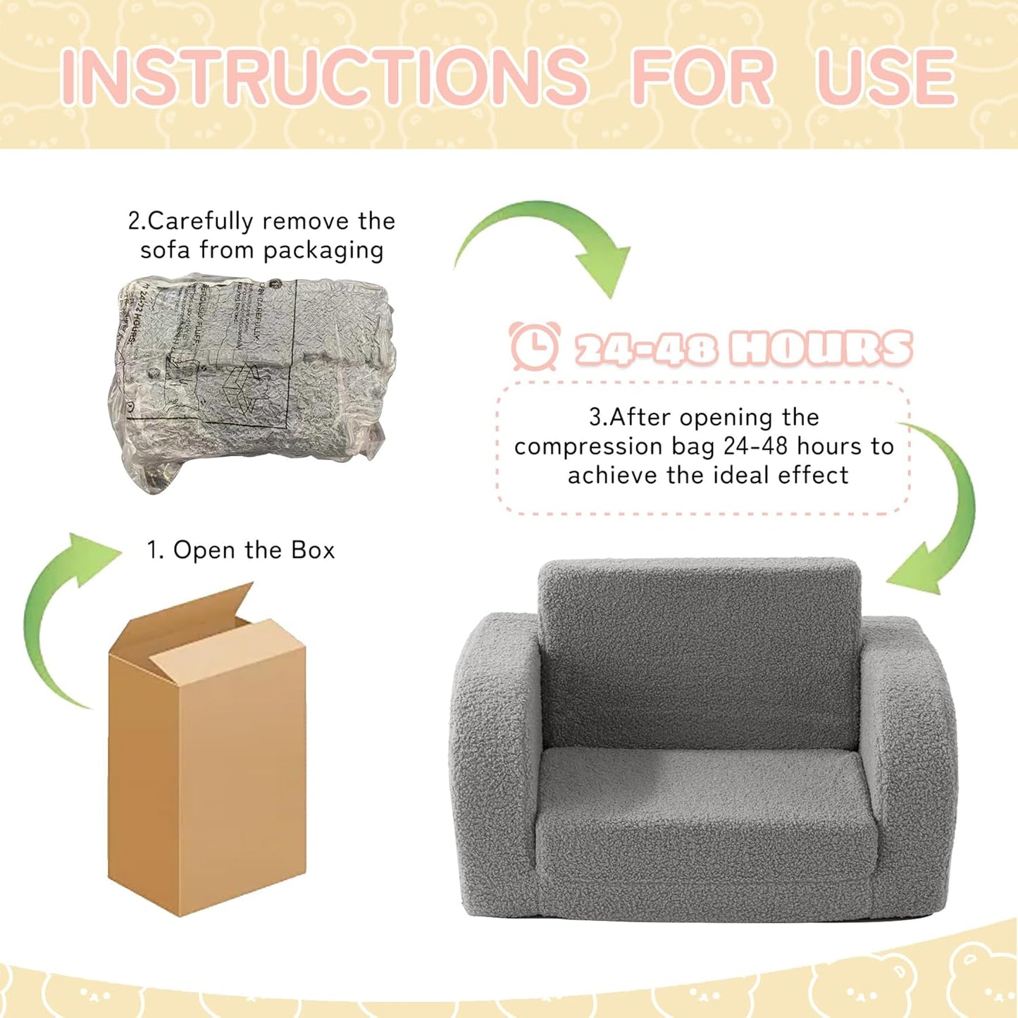 Kids Couch, 2-In-1 Toddler Chairs Comfy 1-3 Years Old, Toddler Couches That Fold Out, Toddlers Sofa for Girls and Boys, Convertible Kids Sofa to Lounge Chair for Playing, Reading, Napping, Grey