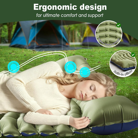 Double Sleeping Pad for Camping - Ultralight Camping Mattress with Pillow, Built-In Foot Pump, Compact Inflatable 2-Person Portable Mat for Backpacking, Hiking, Car Traveling, Beach, Tent
