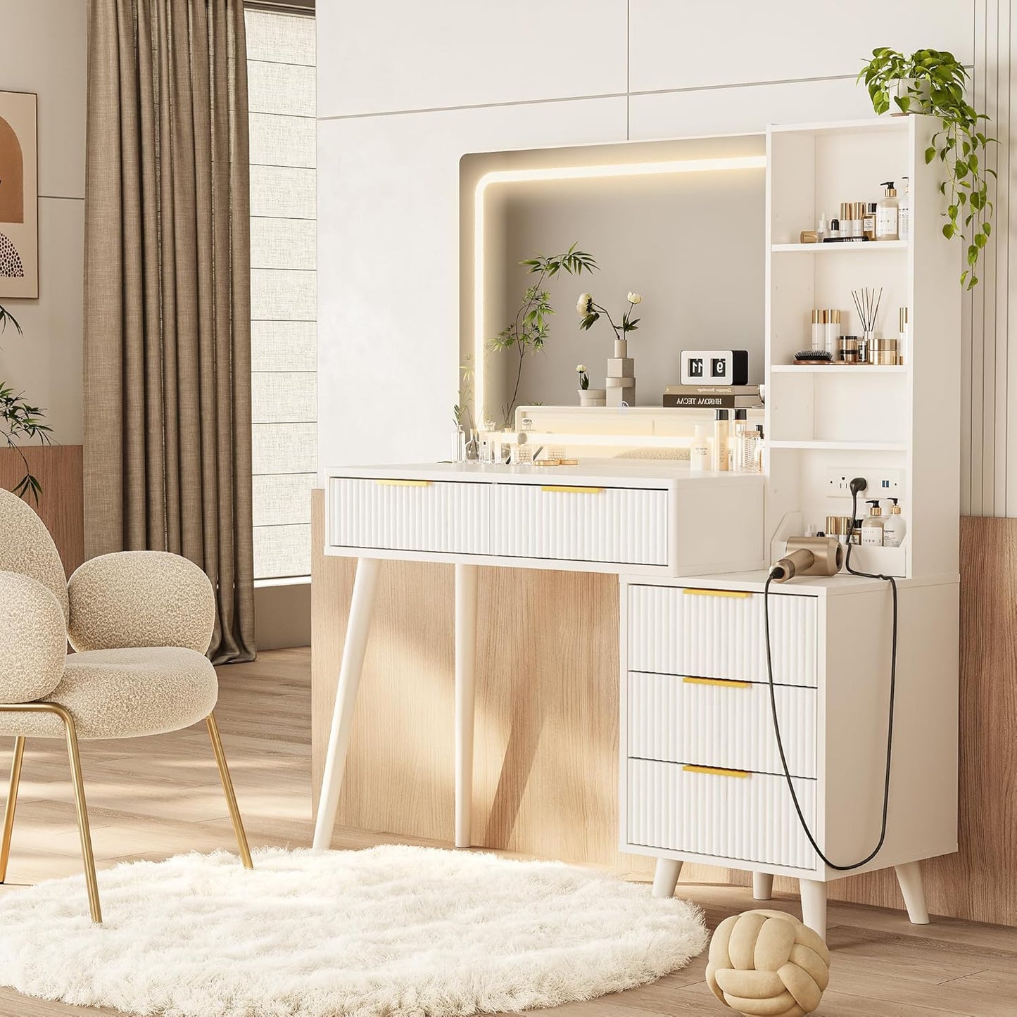 Vanity Desk with Mirror and Lights, Makeup Vanity Desk with Power Outlet, Makeup Desk with 5 Drawers&Storage Shelves, Vanity Table 3 Color Modes Adjustable Brightness Dressing Table Set for Bedroom