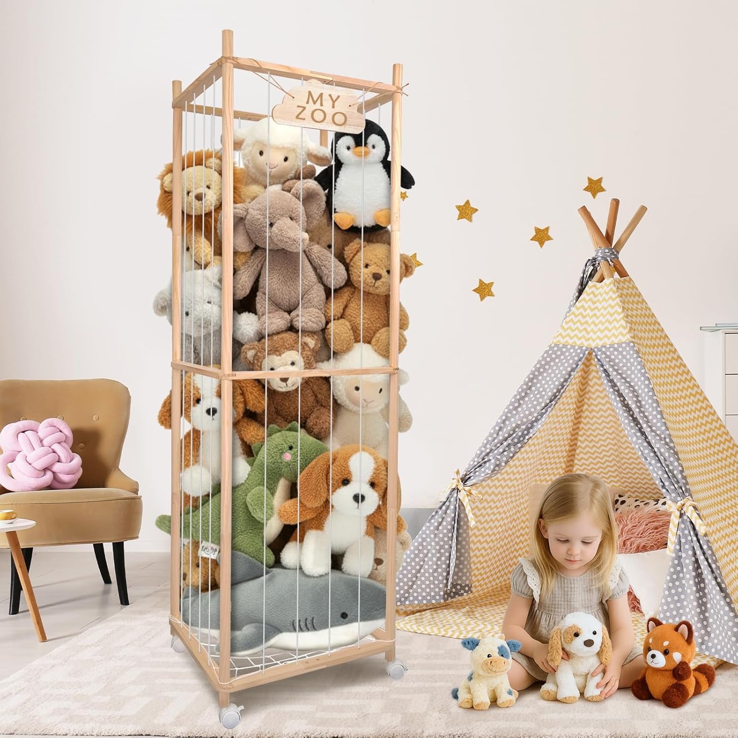 Stuffed Animal Storage Zoo with Wheels, 63'' Tall Large Wooden Plushies Storage Stuffed Animals Holder, Plush Toy Organizer Stuff Animal Zoo with Elastic Band and Net for Toddlers Playroom, Bedroom