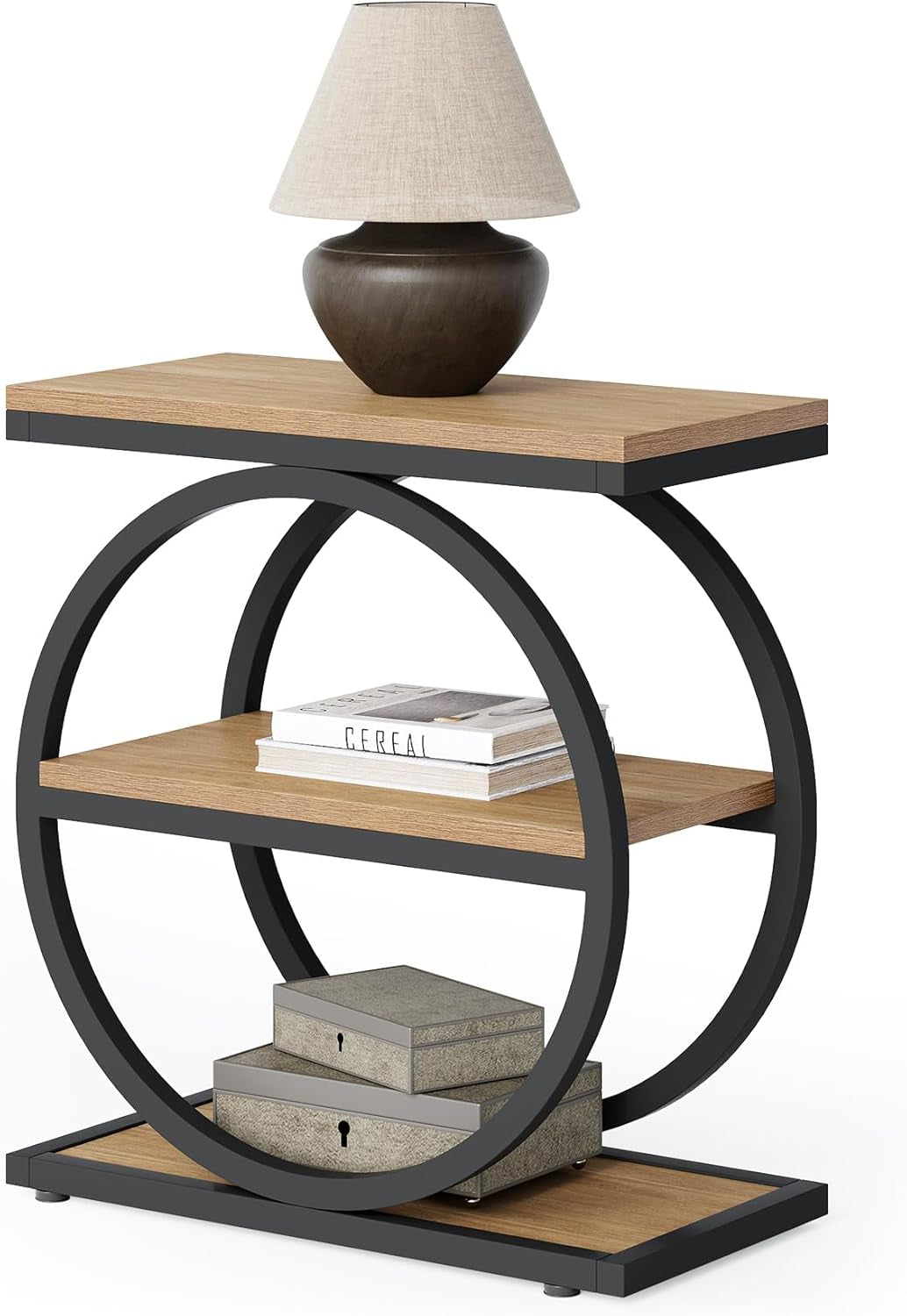 3-Tier End Table, Side Table with Storage Shelves, Small Sofa Side Table for Living Room, Wooden Side End Table with Double round Metal Legs, Slim Nightstand and Bedside Table, Oak