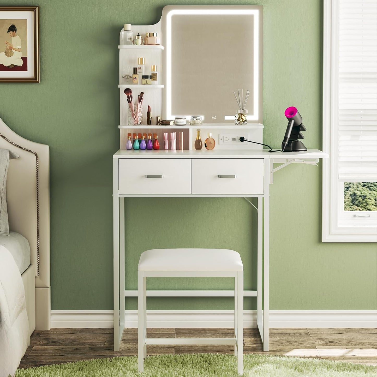 Makeup Vanity Desk with Mirror and Lights, Small Vanity with Fabric Storage Drawer & Chair & Shelves, White Vanity with Fold-Up Panel and Power Outlet for Bedroom