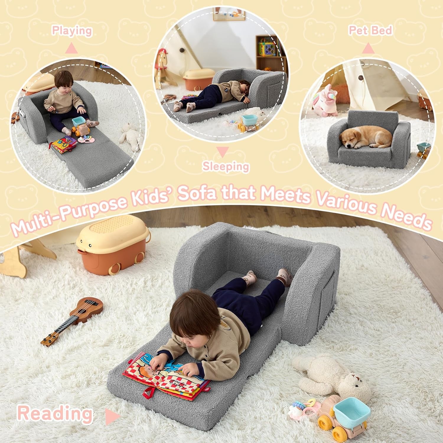 Kids Couch, 2-In-1 Toddler Chairs Comfy 1-3 Years Old, Toddler Couches That Fold Out, Toddlers Sofa for Girls and Boys, Convertible Kids Sofa to Lounge Chair for Playing, Reading, Napping, Grey