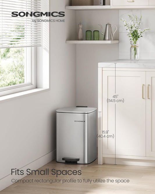 Kitchen Trash Can, 5.2-Gallon (20 L) Trash Bin, Stainless Steel Garbage Can, with Inner Bucket, Soft Close and Stays Open, Metallic Silver ULTB592E01