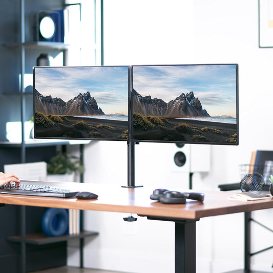 Dual Monitor Desk Mount, Holds 2 Computer Screens up to 30 Inches and 22Lbs Each, Heavy Duty Fully Adjustable Steel Stand with C-Clamp and Grommet, Black, STAND-V002