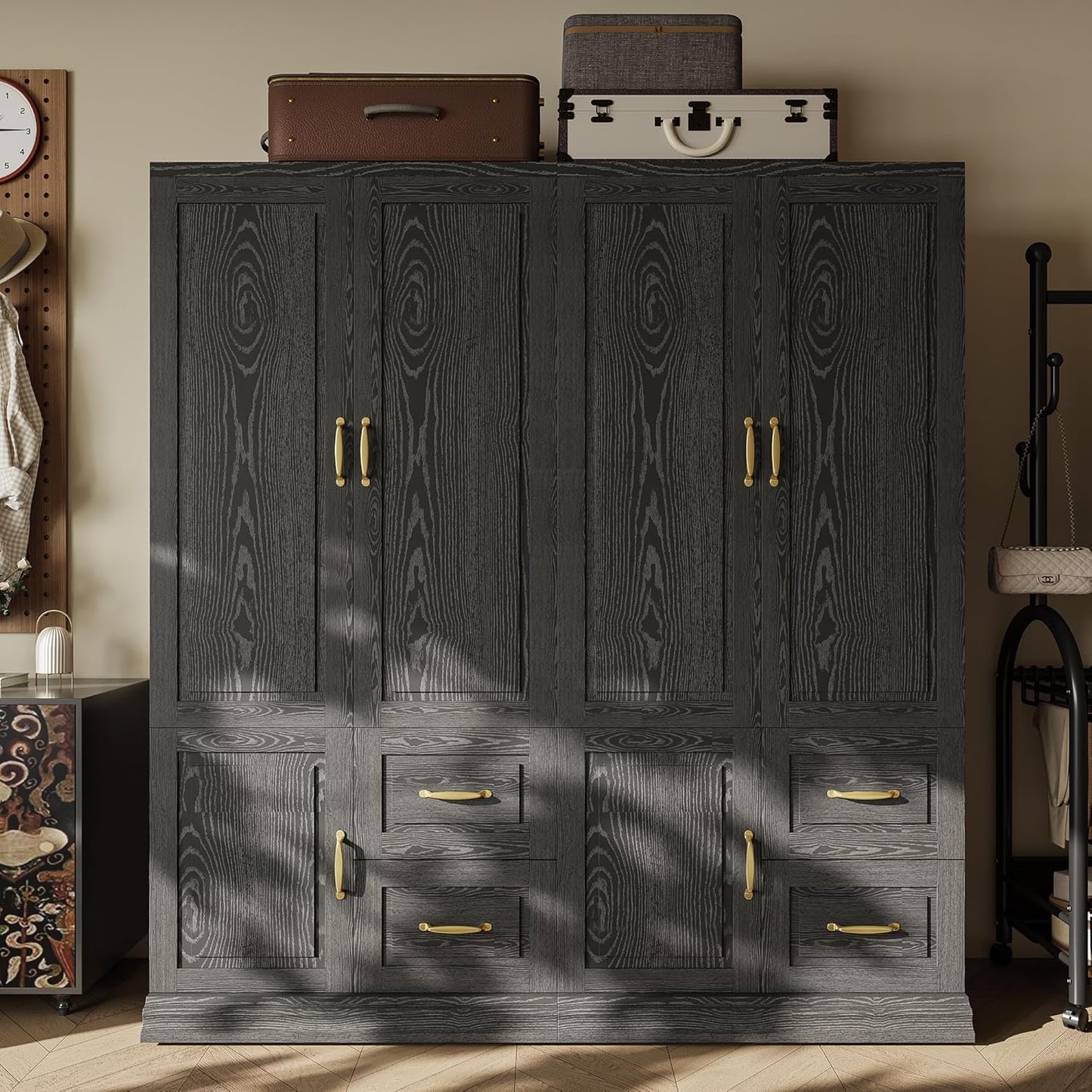 Wardrobe with Drawers, 71.1" H Wooden Closet with 2 Doors and Hanging Rod for Hanging Clothes, Tall Bedroom Freestanding Armoire Storage Cabinet, Stand Alone Clothing Organizer Closet, Black