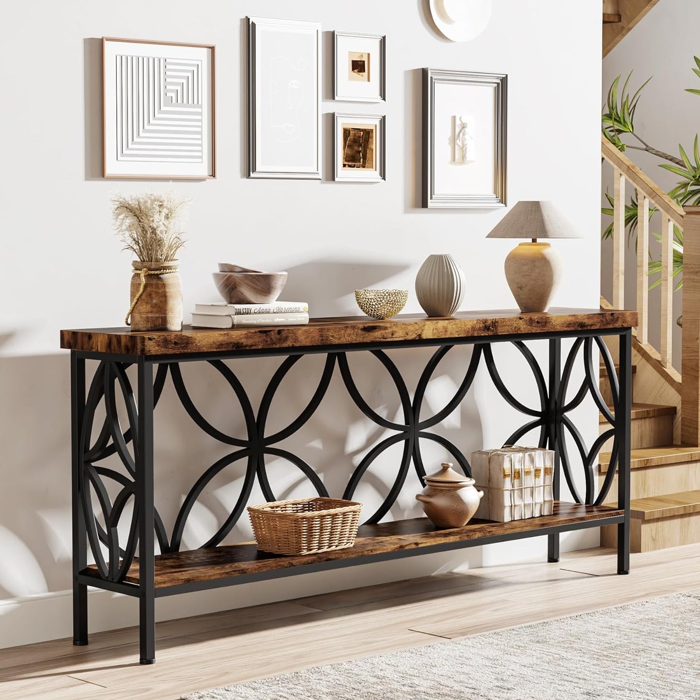 70.9-Inch Narrow Sofa Table, Industrial Long Sofa Table behind Couch, Entry Console Table with Storage for Entryway, Living Room, Foyer, Unique Design, Rustic Brown