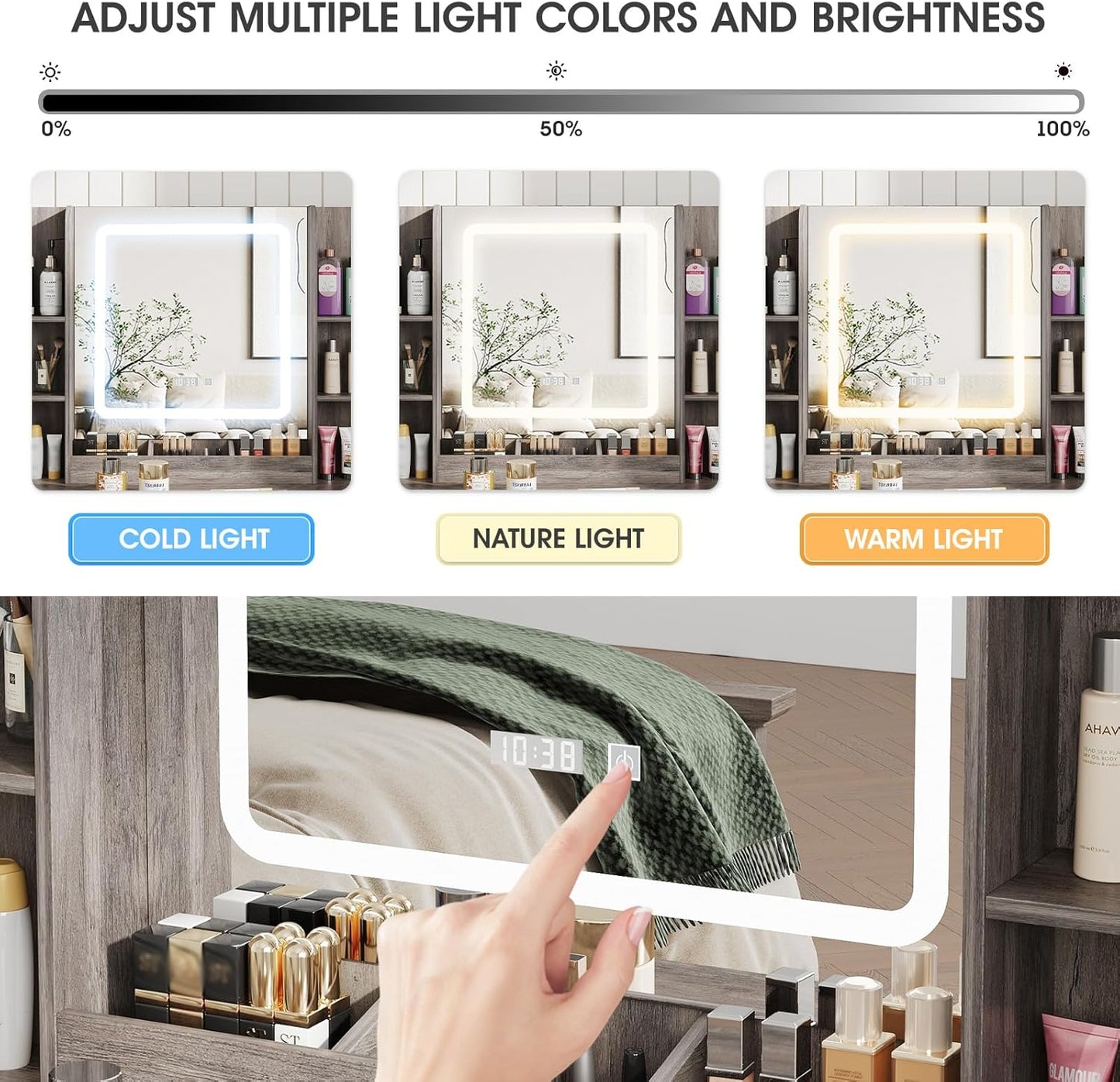 Makeup Vanity Desk, Vanity Mirror with Lights Desk and Chair,Makeup Table with 3 Large Drawers and 2 Cabinets, Time and Temperature Display, 3 LED Lighting Modes Adjustable, Grey