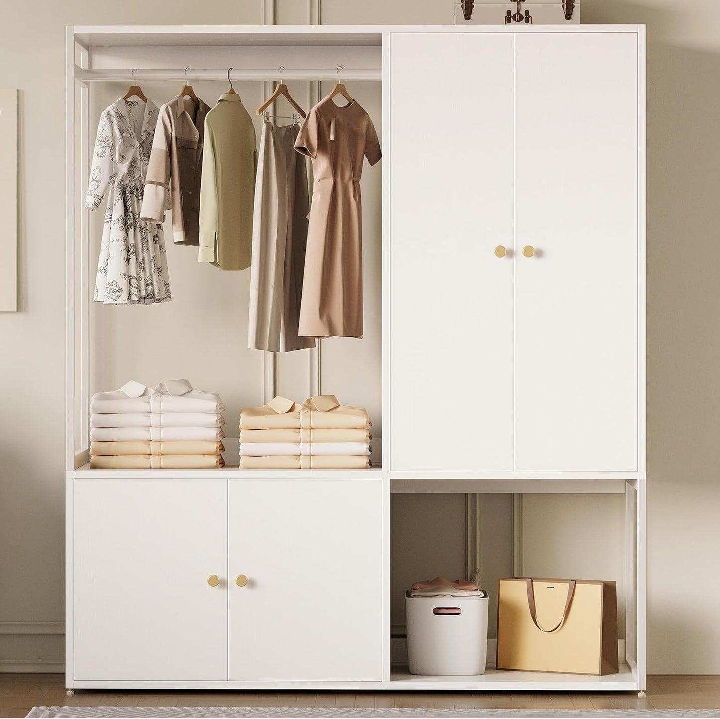 Wardrobe Closet, White Cabinet with Shelves, Large Armoire Clothing Storage with Hanging Rod for Bedroom, Living/Laundry Room