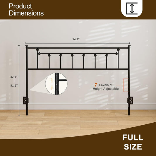 Metal Full Size Headboard, Adjustable Height, Full Headboard Only for Bedroom, Rustic Farmhouse Style, Attach Frame, Easy Assembly, Black