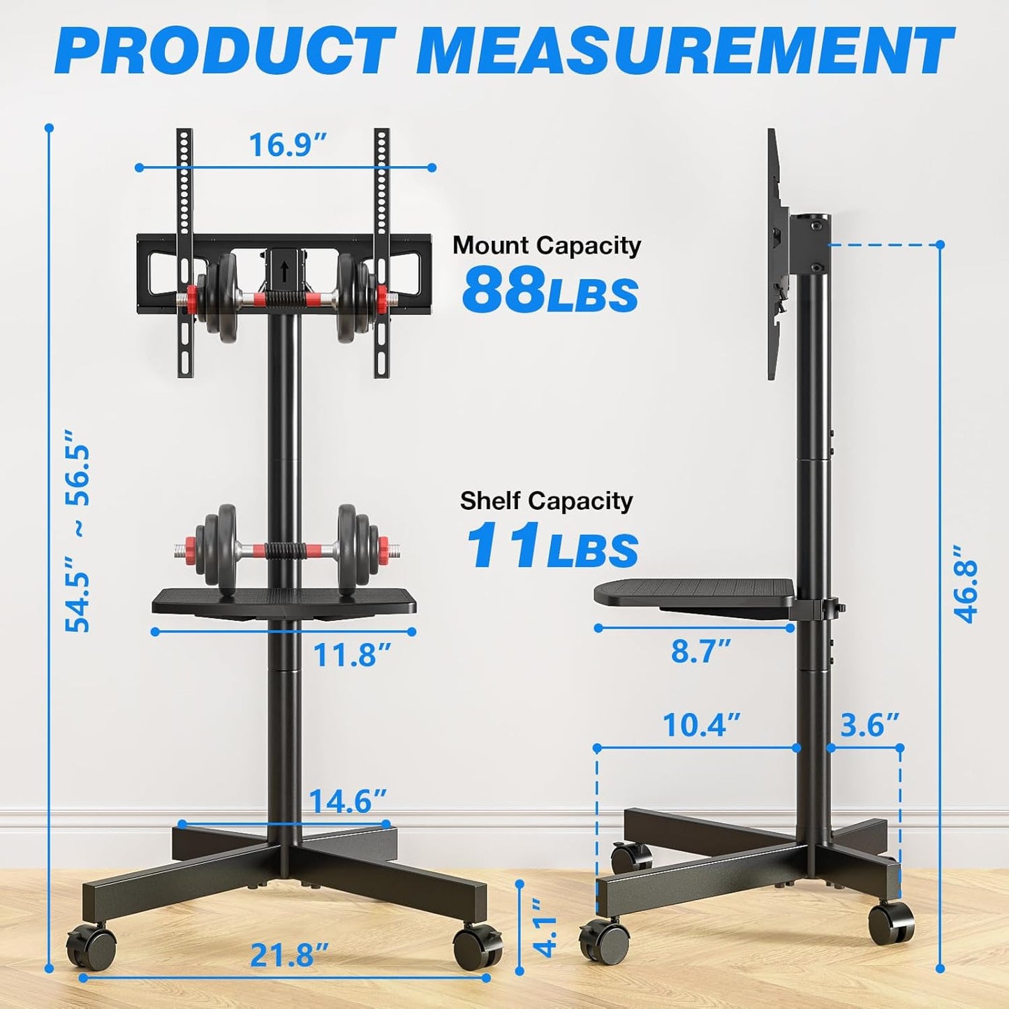 Rolling TV cart with shelf and silent wheels, view 8