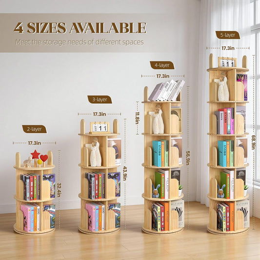 Rotating Bookshelf, Solid Pine Wood Spinning Bookshelf Tower 4 Tier, 360° Revolving Bookcase for Kids, Multi-Functiona Corner round Turning Book Shelf Organizer for Small Spaces