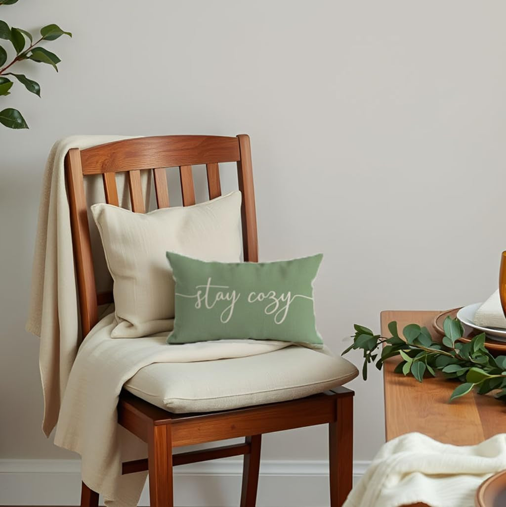 Stay Cozy Sage Green Pillow Cover 12X20 Inch, Lumbar Decorative Cushion Case for Sofa Couch or Bed, Rustic Farmhouse Home Decor for Living Room or Entryway Bench