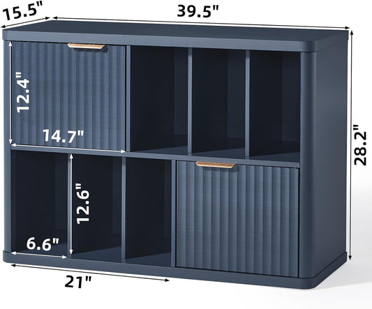 Large Record Player Stand with Vinyl Storage, 39.5" Modern Wood Records Storage Cabinet for Speakers, Mid Century Turntable Stand with Fluted Doors, Media Holder for Home, Dark Navy Blue
