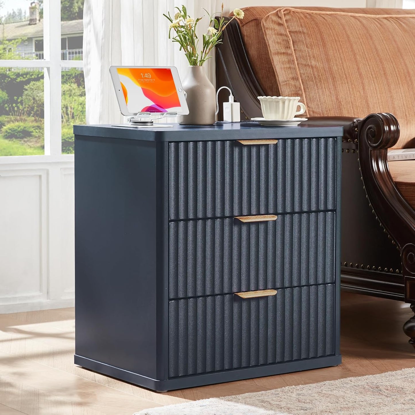 Fluted Dresser and Nightstand Sets, Wood 48" Wide Dresser & 23" Night Stand with Charging Station, 2 Piece Bedroom Furniture Set, Chest of Drawers for Bedroom, Home, Living Room,Nave Blue