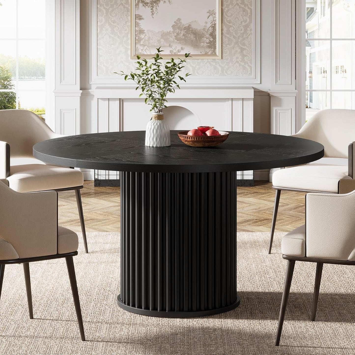 Black round Dining Table for 4-6 People, 47.24-Inch Circle Kitchen Table with Sturdy Fluted MDF + Metal Base, Modern Home Dining Room Furniture, Black