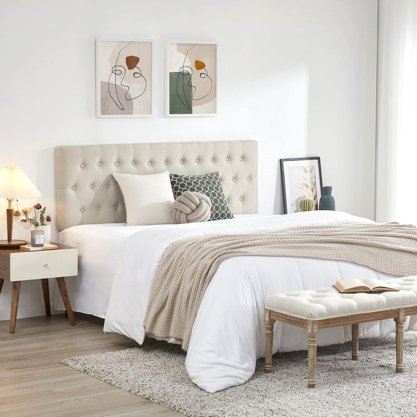 Headboards for King Size Bed in Modern Button Design, Premium Linen Fabric Upholstered Tufted Bed Headboard, Adjustable Solid Wood Head Board, Beige