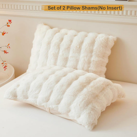 2 Pack Fluffy Faux Rabbit Fur Pillow Cases, Luxury Soft Plush Shaggy Bubble Waffle Pillowcases King Size Zipper Closure, Furry Fuzzy Ivory Long Pillow Shams Bedroom Living Room 20X36, Beige