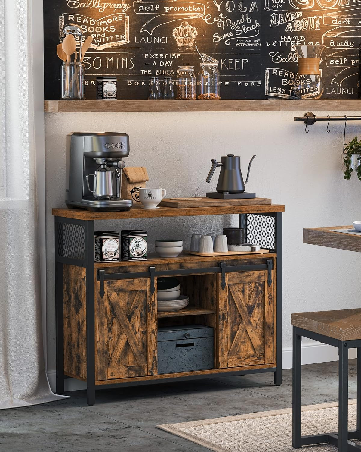 Coffee Bar Cabinet with Power Outlet and Voice Control LED Light, Buffet Cabinet with Sliding Barn Doors, S Hooks, Wine Glass Racks, Bottle Holders, Rustic White and Honey Brown ULSC201W01
