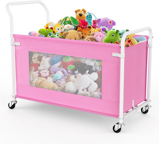 Extra Large Toy Box for Kids with 360° Rotating Wheels, Heavy Duty Toy Chest for Boys and Girls, Toy Storage Organizer for Kids, Toy Bins for Living Room, Nursery, Bedroom (Pink)