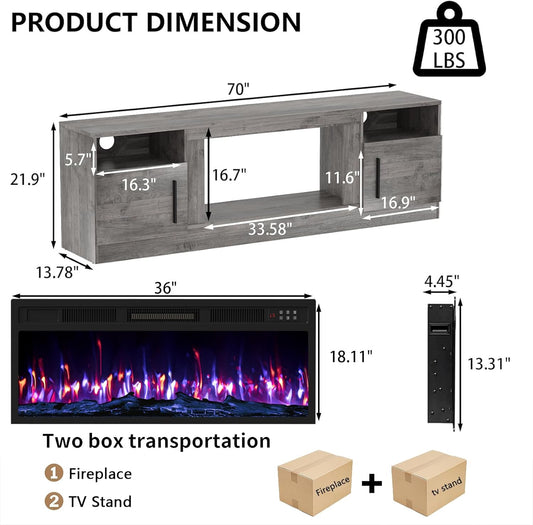 Fireplace TV Stand with 36" Fireplace up to 80" Tvs,70" Entertainment Center with LED Lights,Remote Control,Tv Media Console with Storage Cabinets for Living Room, Gray
