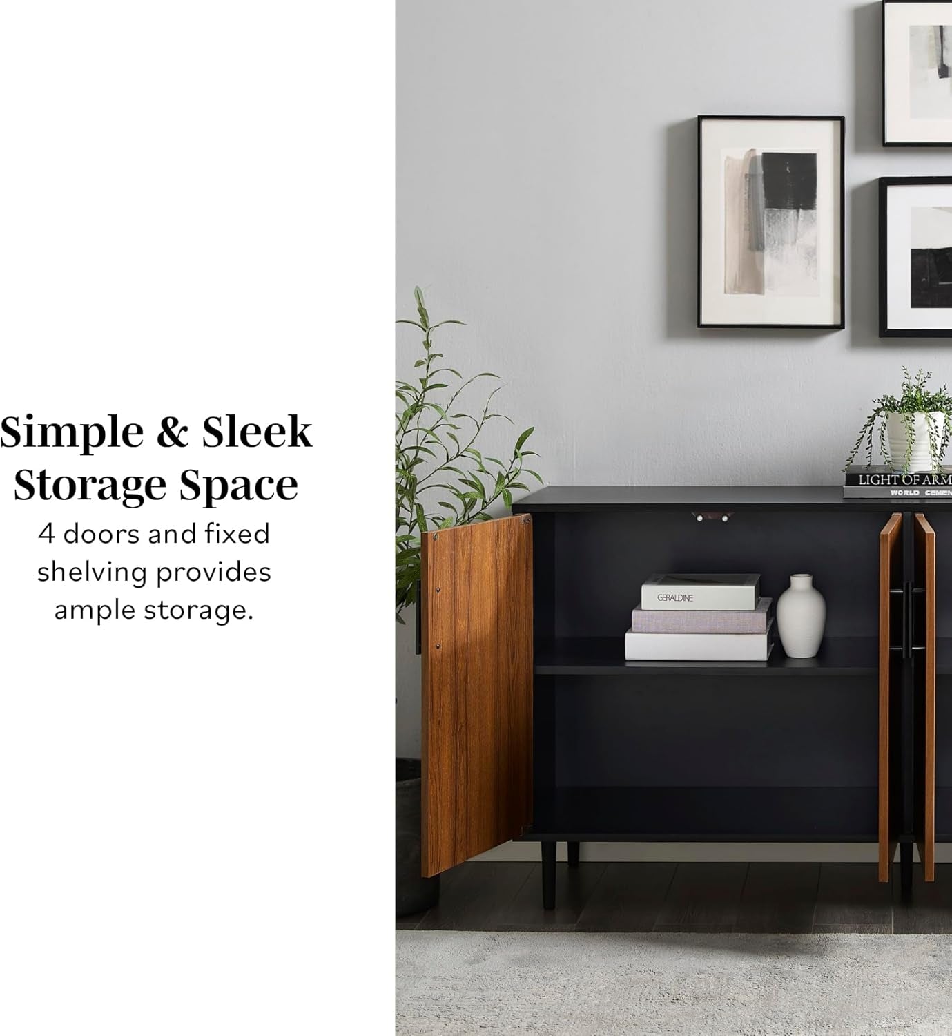 Caye Modern 4-Door Bookmatch Buffet-Sideboard for Storage, 58 Inch, Acorn Bookmatch/Black