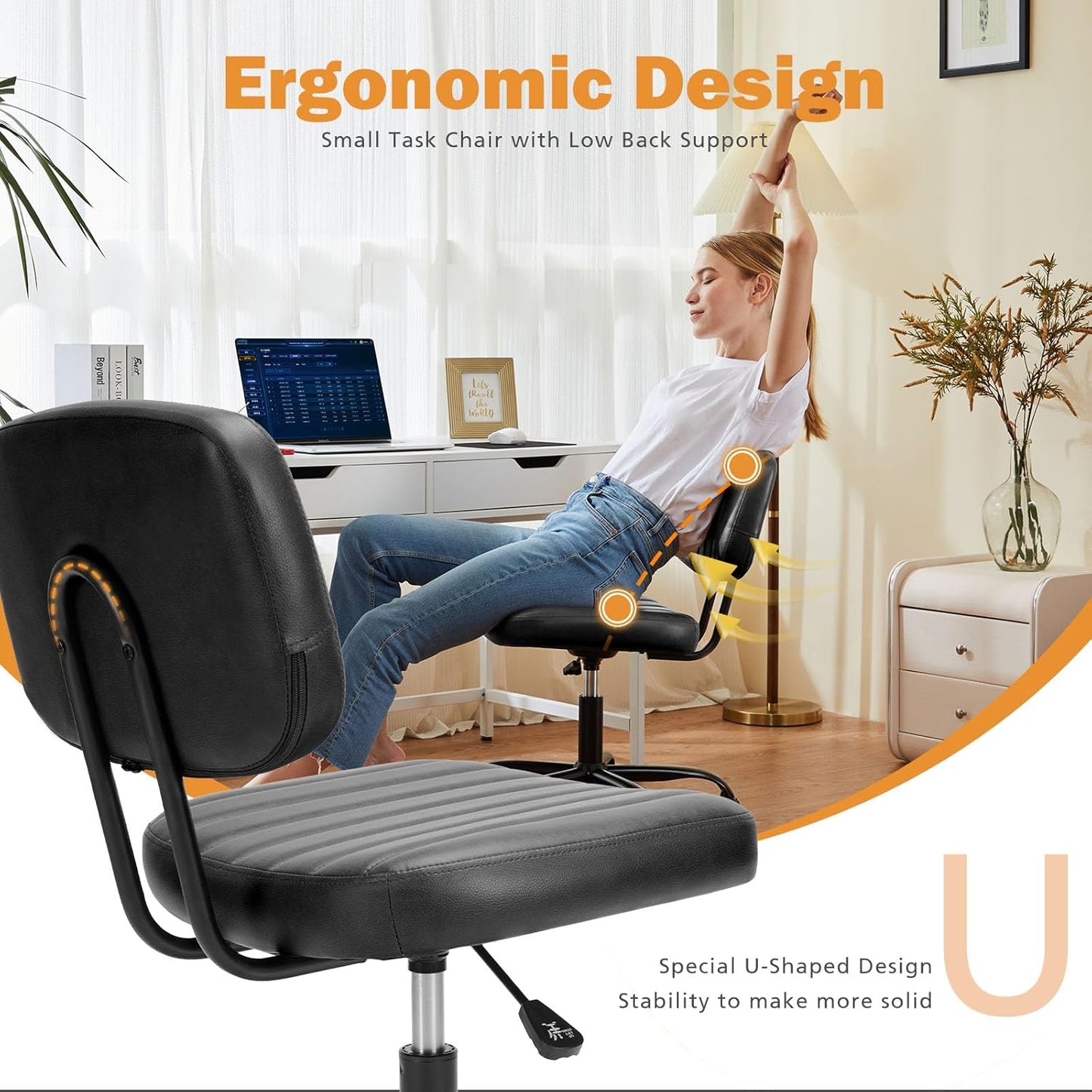 Small Office Desk Chair with Wheels Armless Comfy Computer Chair with Lumbar Support, PU Leather Low Back Adjustable Height 360° Rolling Swivel Task Chair without Arm for Home, Bedroom