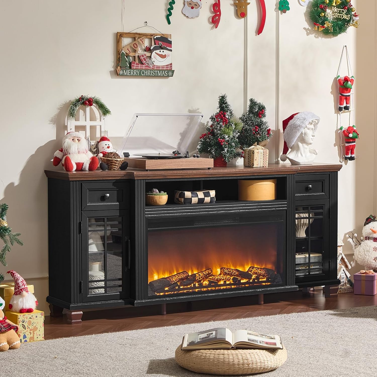 70" Fireplace TV Stand with 36”Silent Electric Fireplace, Farmhouse Entertainment Center for Tvs up to 80", 2 Drawers TV Console with Glass Door Cabinet, Black Tvs Cabinet for Living Room